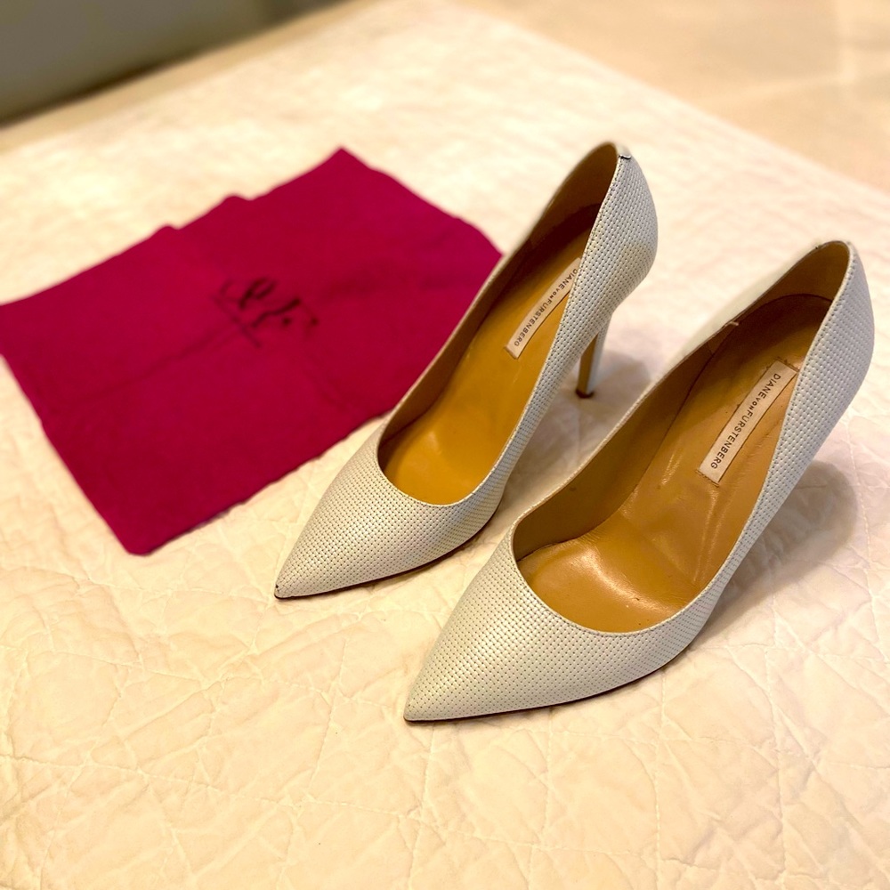 Diane Von Furstenberg white heels. Beautiful—got several compliments!